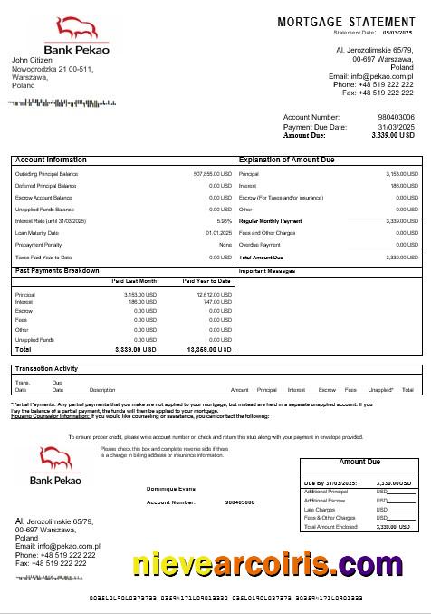 Poland Bank Pekao S.A mortgage statement